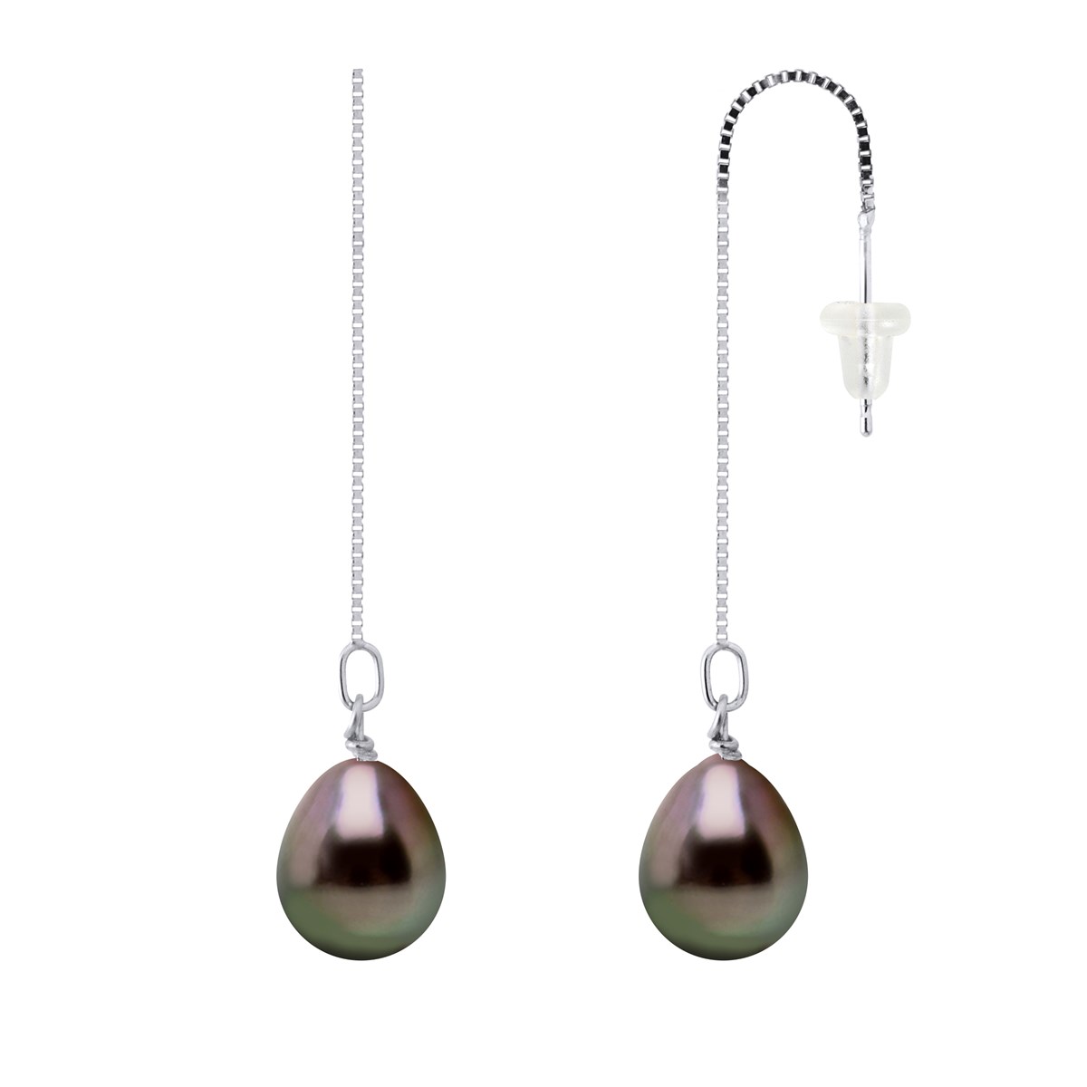 Boucles d'Oreilles Chaînes Pendantes Perles de Tahiti 8-9 mm Or Blanc