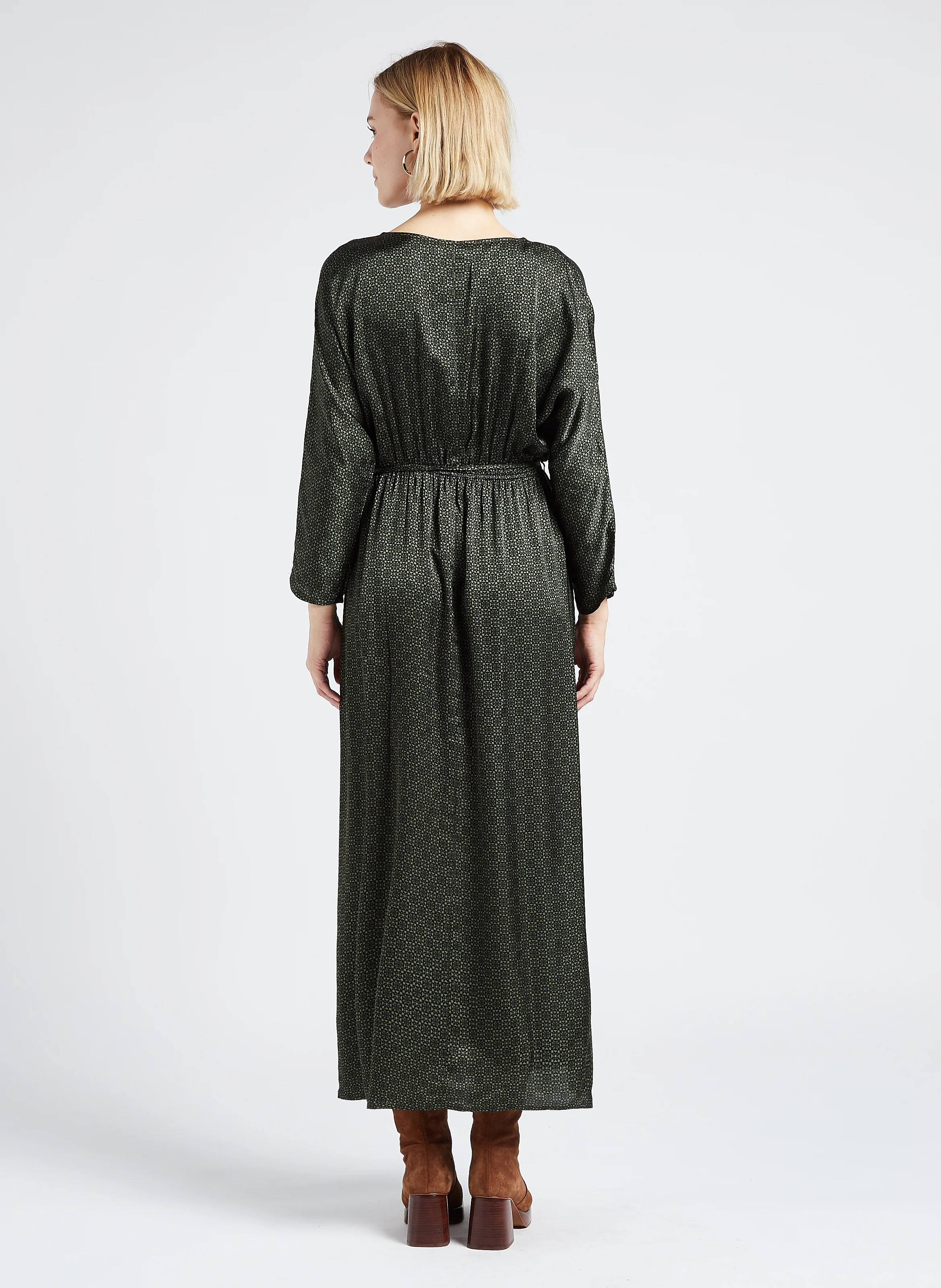 LUNA - Robe midi col V imprimée| Vert
