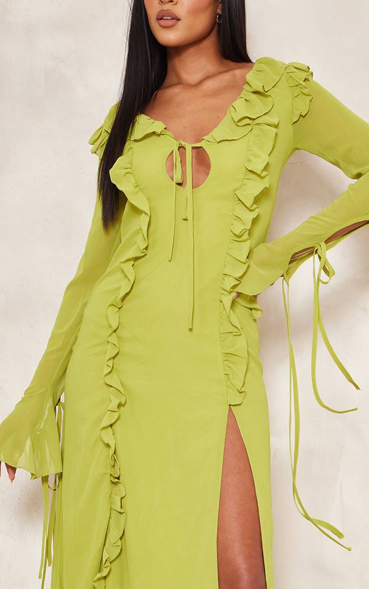 Citron Vert Robe Longue À Manches Longues Et Volants Pour Grandes Tailles