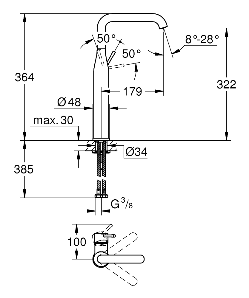 Grohe Essence New wastafelkraan XL-size met hoge draaibare uitloop gladde body cartouche brushed warm sunset