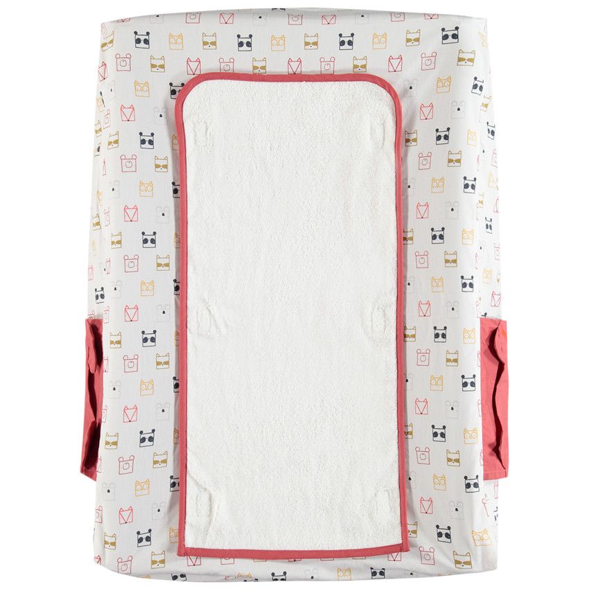Housse de matelas à langer à animaux printés et poches latérales - Ecru