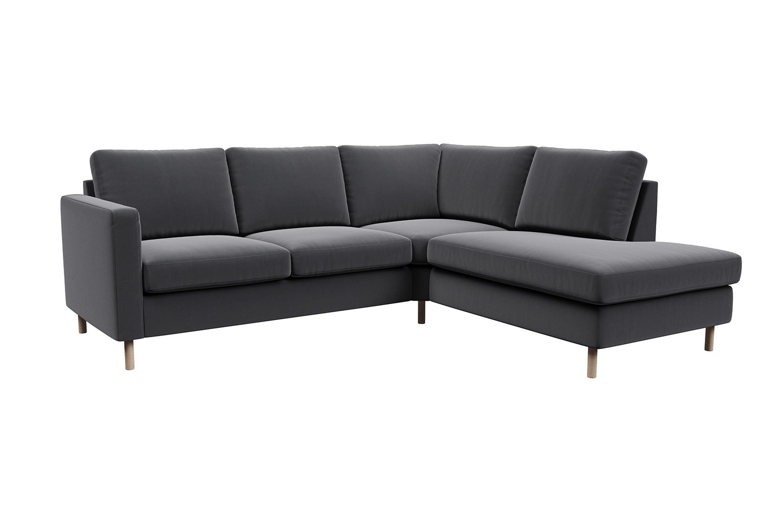 Viken hjørnesofa 2-seter med åpen ende høyre i tekstil Matt Velvet 97 Grey med hvitoljet eikeben. Arm B og skum komfort.