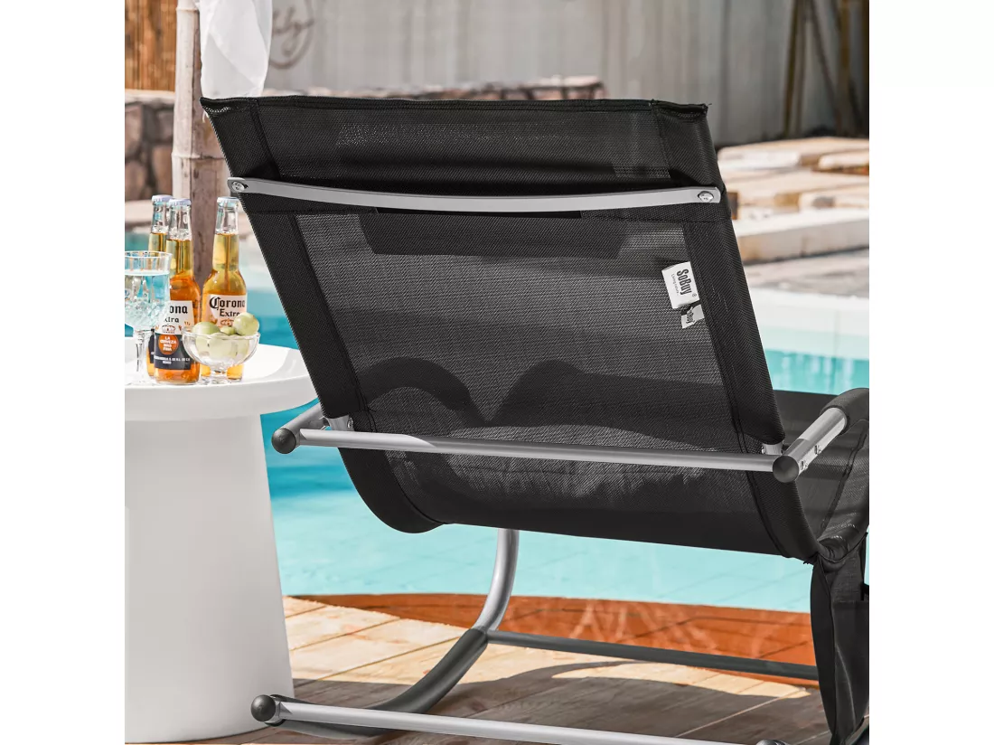 SoBuy OGS28-Sch Fauteuil à Bascule en Métal Chaise Longue Transat de Jardin Transat de Relaxation Bain de Soleil Rocking Chair - Repose-Pieds Intégré - Noir