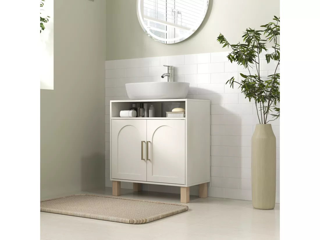 Meuble sous vasque - 2 portes, étagère, niche - MDF crème