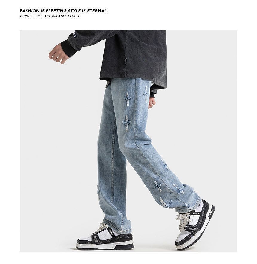 FOEV - Mid Rise Cross Applique Washed Loose Fit Jeans