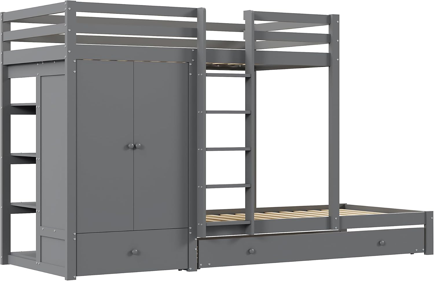 Etagenbett 90 x 200cm,Jungenbett aus Massivholz mit Ausziehbett 90x190cm, multifunktionales Kinderbett mit Kleiderschrank, Schubladen und Ablagefach (Grau)
