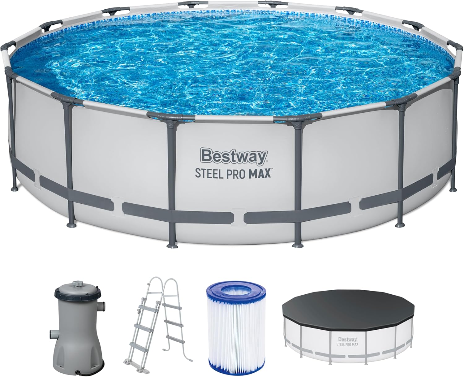 Bestway Steel Pro MAX Frame Pool Komplett-Set mit Filterpumpe Ø 427 x 107 cm, lichtgrau, rund
