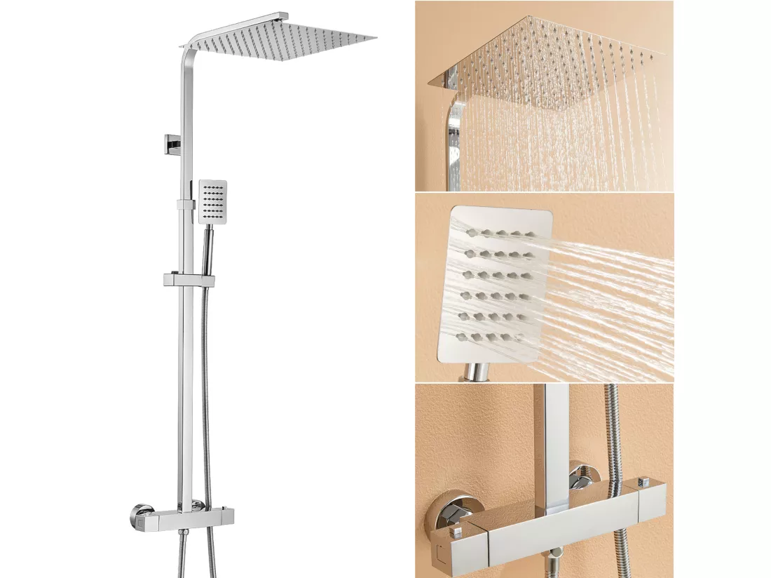 Auralummax Colonne Douche Thermostatique Hauteur Réglable entre 96-130cm, Mitigeur Baignoire avec Pommeau de Douche 30x30CM, pour Salle de Bain,Chromé