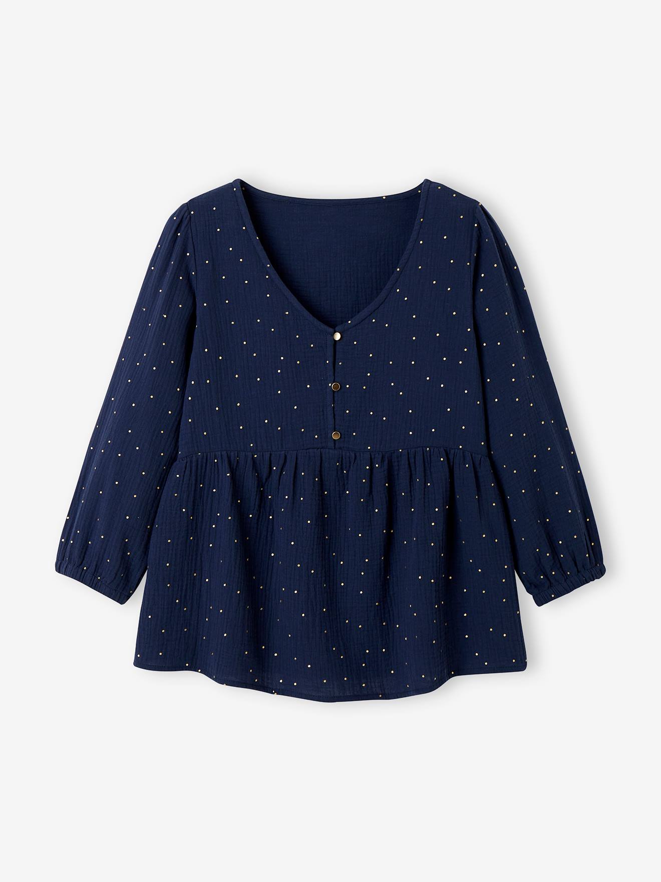 Blusa de maternidade e amamentação em chiffon de algodão azul liso e resistente