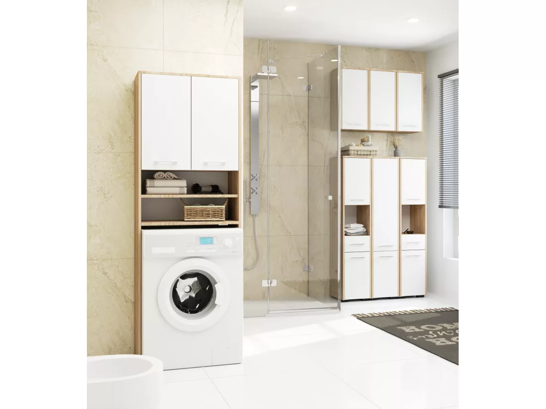 Colonne salle de bains AKORD FIN Chêne Sonoma 30 cm 2 portes 1 tiroir façade Blanche 3 étagères 30x30x85 cm