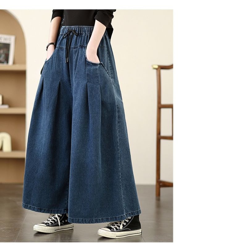 Lewwe - Gewassen denim culottes met trekkoordtaille
