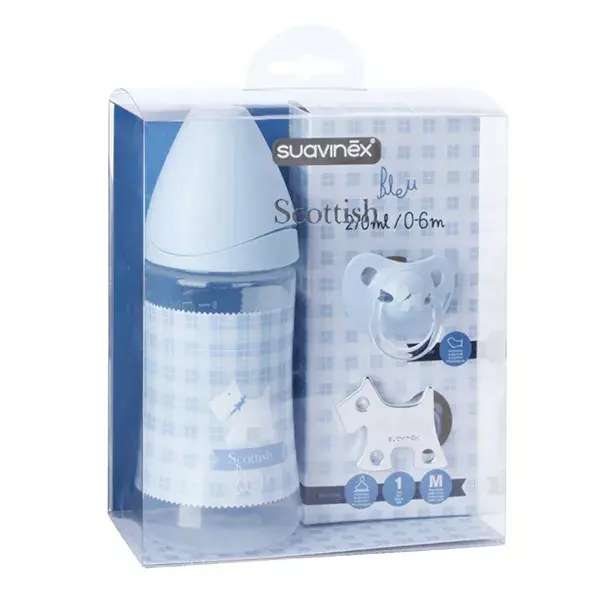 Conjunto de mamadeira de silicone Suavinex 0-6 meses + chupeta + prendedor de chupeta Azul Escocês