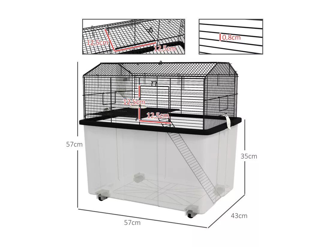 Cage rongeur hamster 2 étages - roulettes, plateforme, échelle, accessoires - PP transparent acier noir
