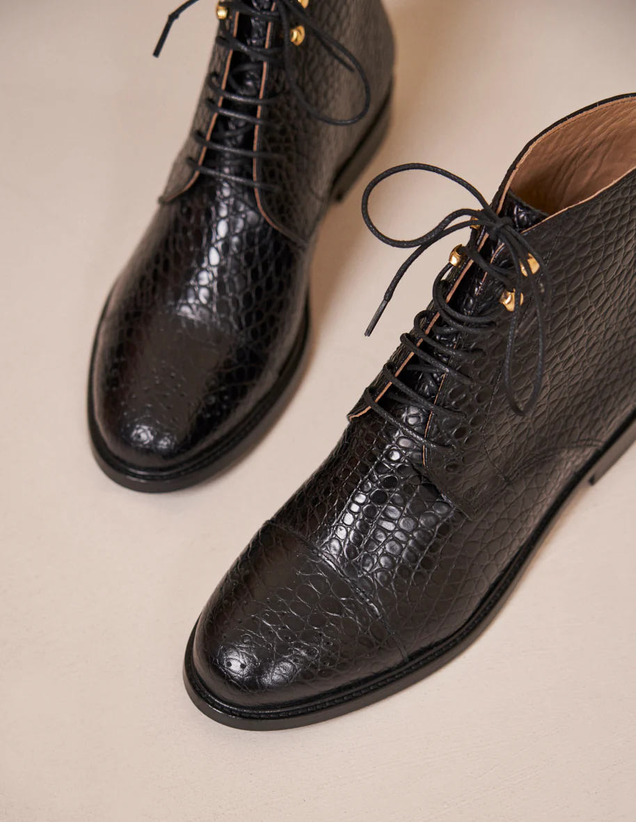Bottines à lacets Lucienne - Cuir croco noir