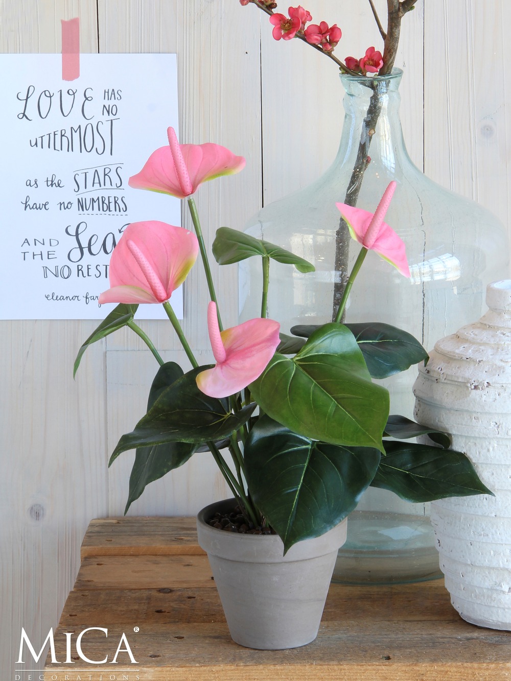 Mica decorations - anthurium artificielle rose clair en pot h40