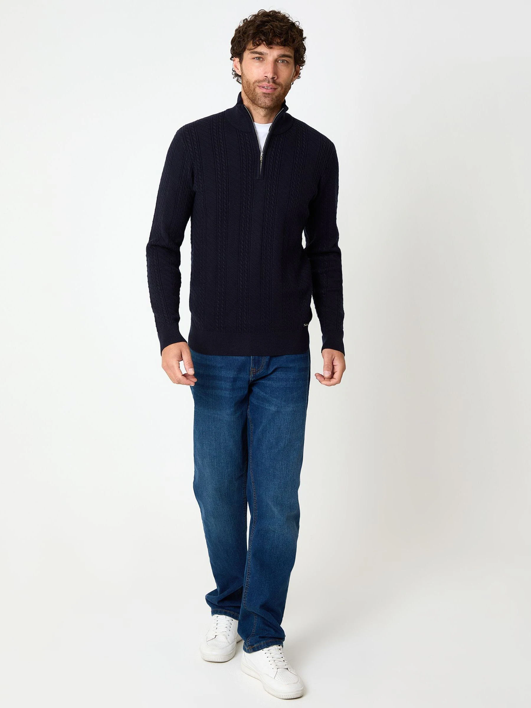 Blauw - Threadbare Cable Knit Quarter Zip Jumper