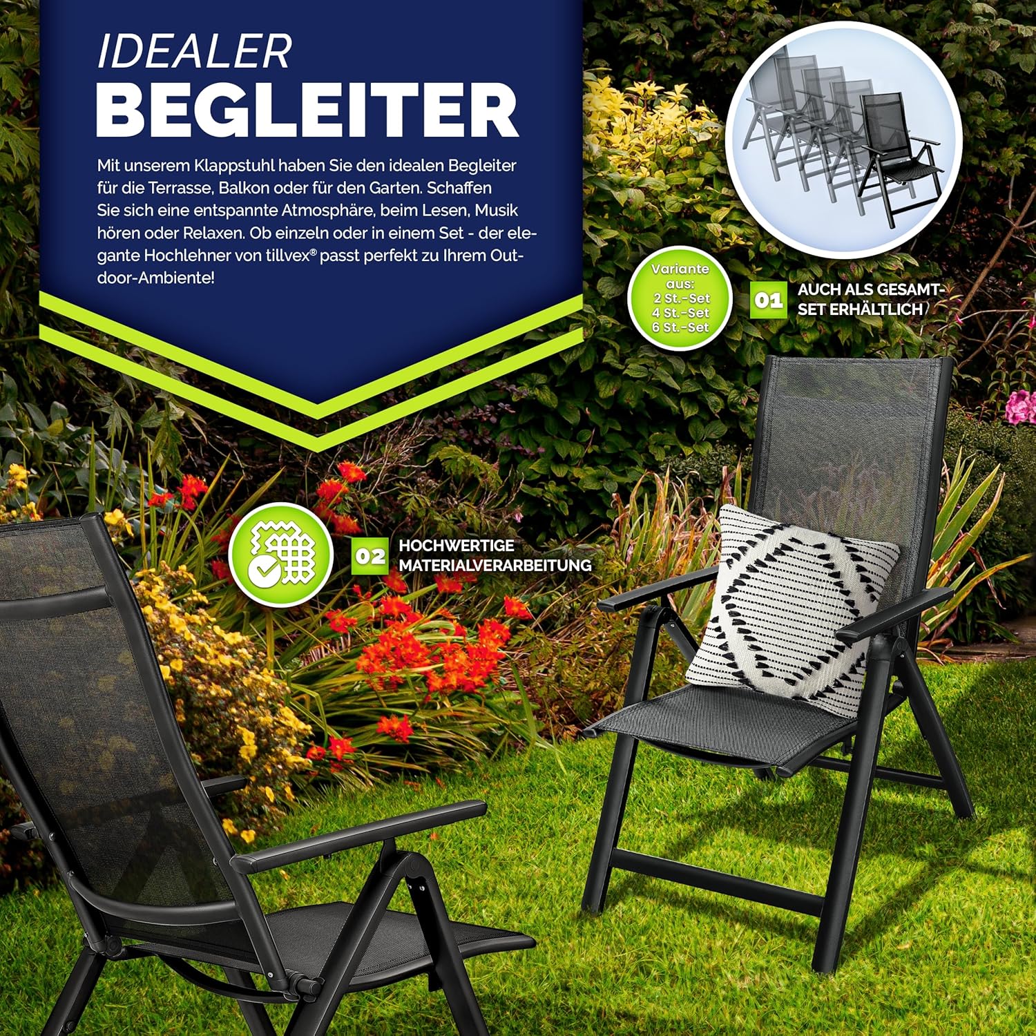tillvex Gartenstuhl Premium 2er Set klappbar aus Aluminium | Hochlehner mit Armlehnen | Klappstuhl verstellbar | Klappsessel Balkon Garten Terrasse (Schwarz)