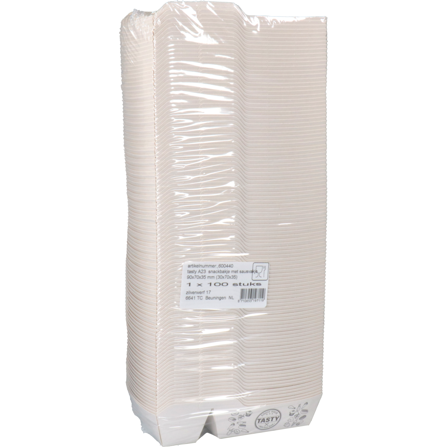 Bak, Karton + kleicoating, A23, TASTY, snackbak, 120x70x35mm, wit