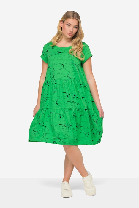 Jerseykleid, A-Line, Fische-Print, Rundhals, Volants, Halbarm