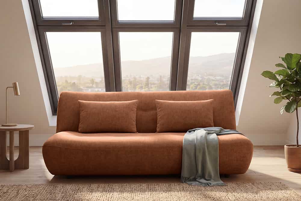 Modernes Schlafsofa ELYPSE 200cm rostbraun Chenillestoff 3-Sitzer Couch inkl. Kissen