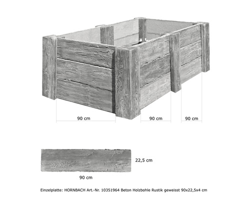 Betonnen verhoogde tuinbak Big Antique witgekalkt met voorgemonteerde draad 220 x 120 x 69 cm