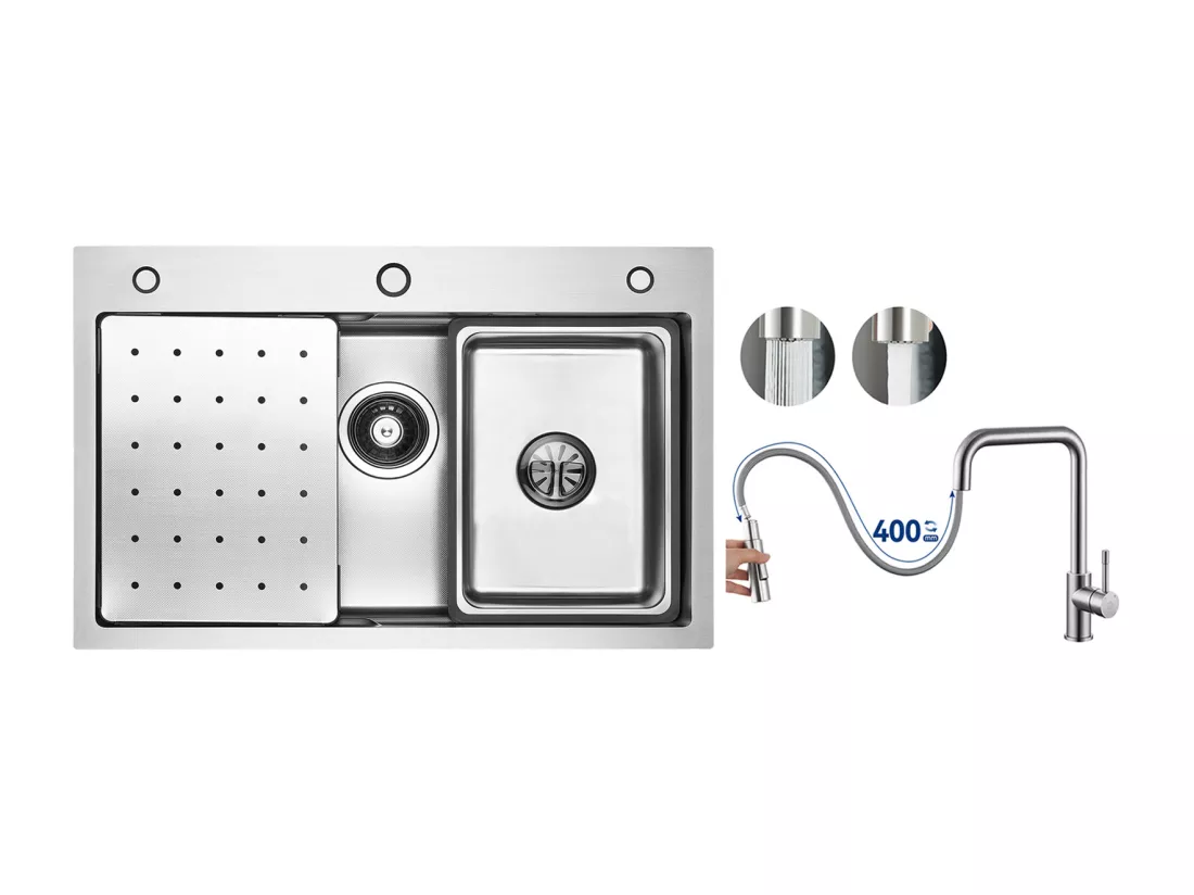 Évier 1 Bac 70×45×21.5CM Évier Inox Argent avec Egouttoir,Vasque, Distributeur de Savon + Mitigeur avec Douchette Extractible, Brossé