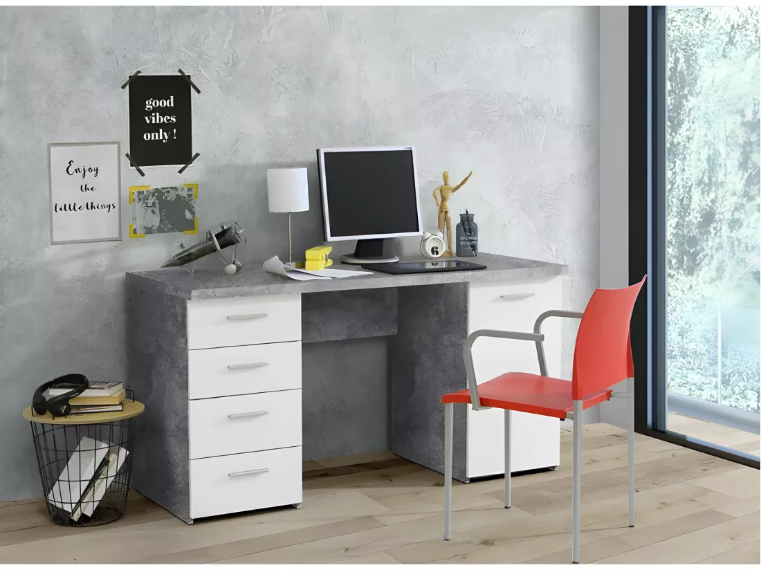 Bureau blanc avec 4 tiroirs et 1 porte décor béton gris - ALVIN