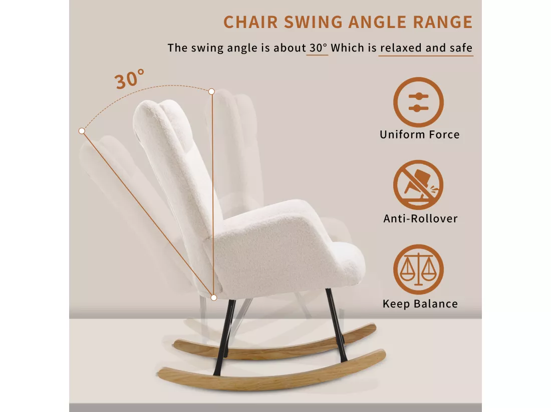 Fauteuil à bascule avec appui-tête et repose-pieds - Tissu bouclette - pour salon ou chambre - blanc