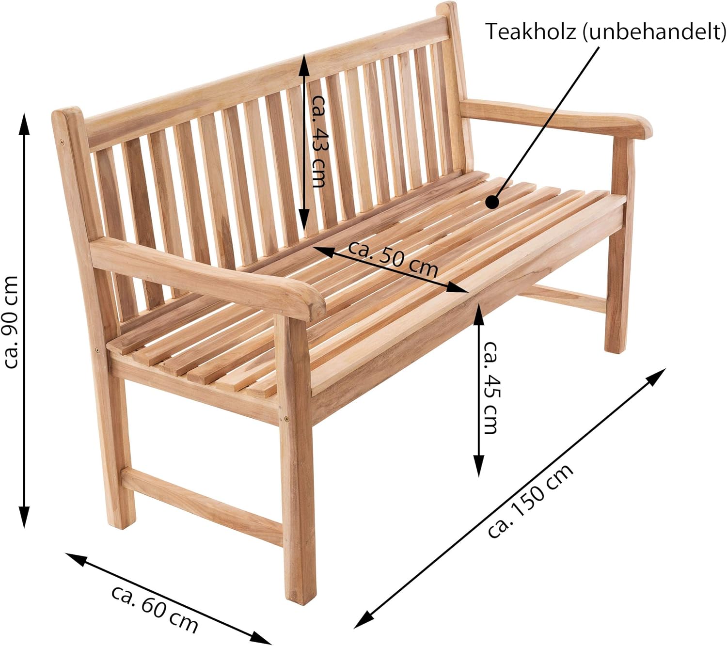 Divero 3-Sitzer Gartenbank Palermo aus zertifiziertem Teak-Holz, unbehandelt - wetterfest – Länge: 150 cm – Farbe: Braun