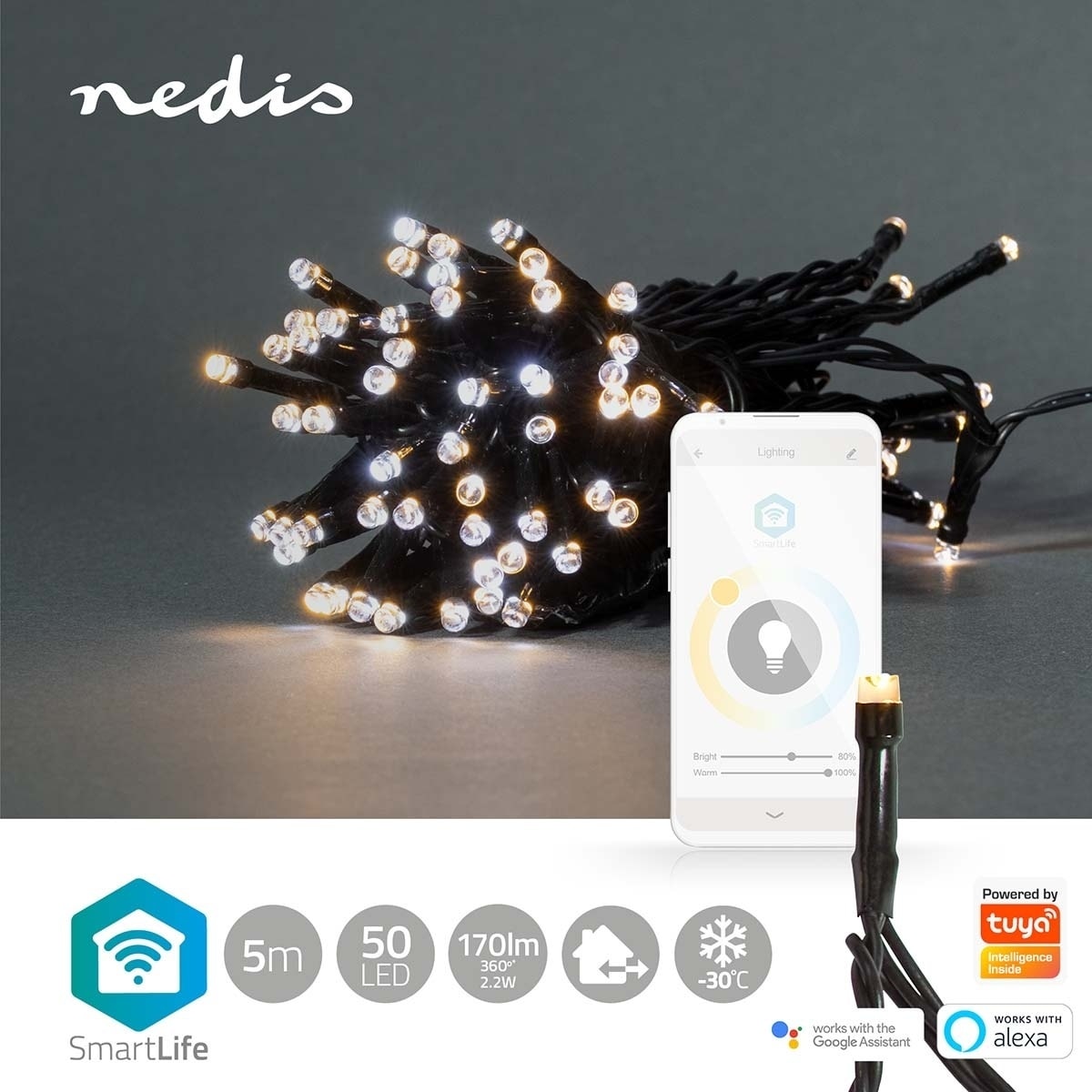 Nedis SmartLife Julelys | Streng | Wi-Fi | Varm til avkjølt hvitt | 50 LED s | 5.00 m | Android™ / IOS