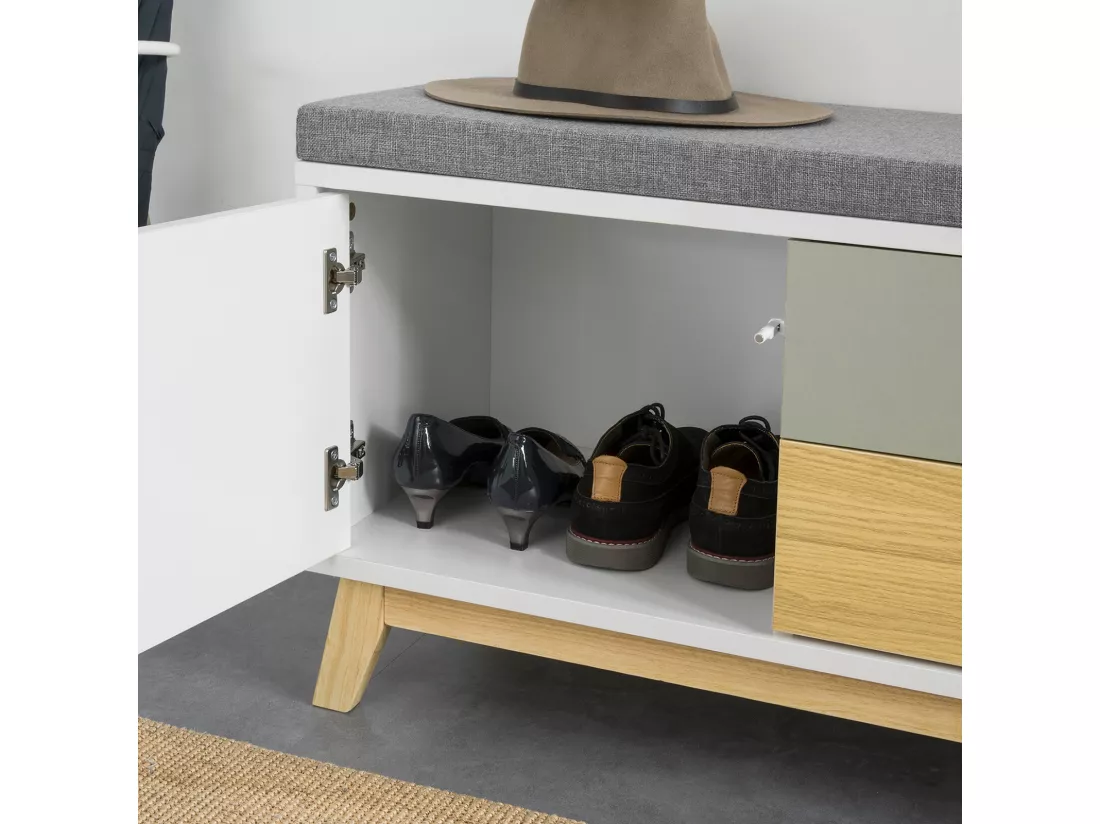 Banc De Rangement Meuble D'entrée Avec Coussin Rembourré, 2 Tiroirs Et 1 Porte, Fsr92-w