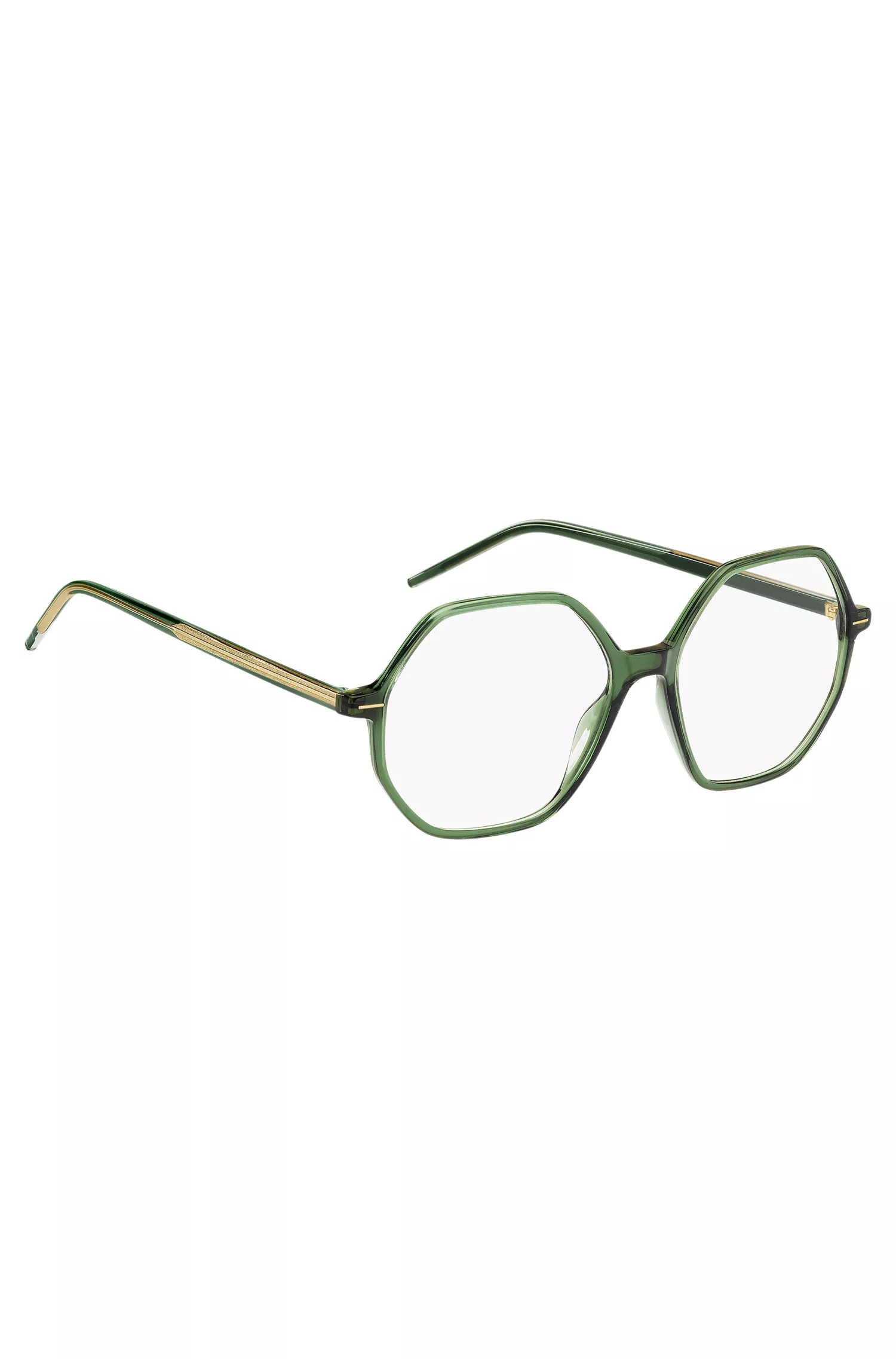 Armação de óculos BOSS em acetato preto e verde com hastes de metal listradas.