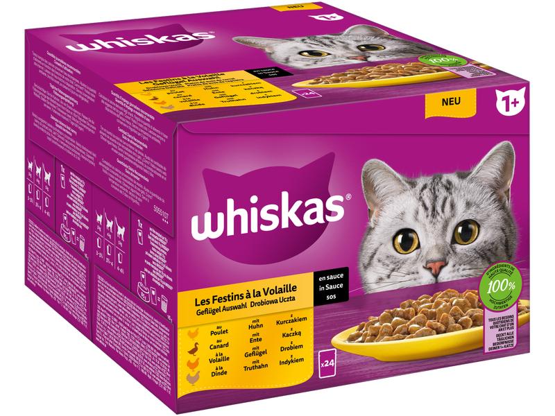 Whiskas Nassfutter Geflügel Auswahl in Sauce 1 , 24 x 85 g Alleinfuttermittel für Katzen