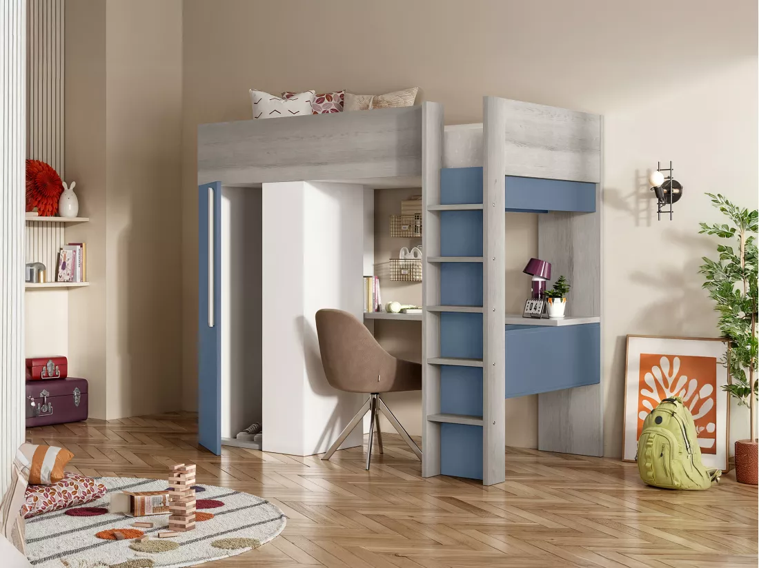 Lit mezzanine 90 x 200 cm avec armoire et bureau - Bleu et blanc + matelas - NICOLAS