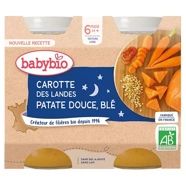 Babybio Refeição Noturna Orgânica em Potes, Cenoura, Batata Doce e Trigo +6 meses, 2 x 200g