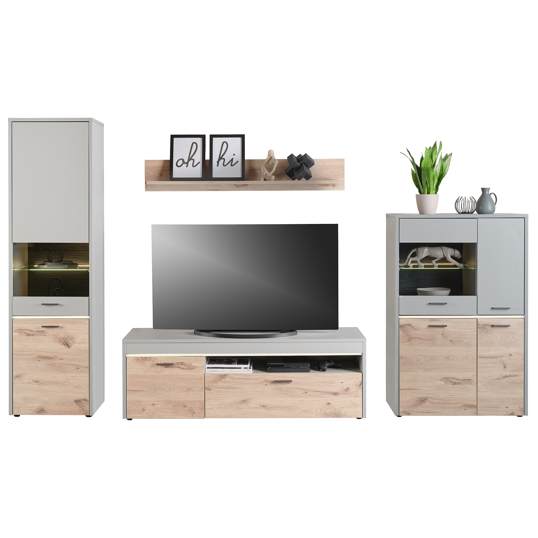 Standvitrine DYNAMIC - Nox Oak-hellgrau - mit Beleuchtung