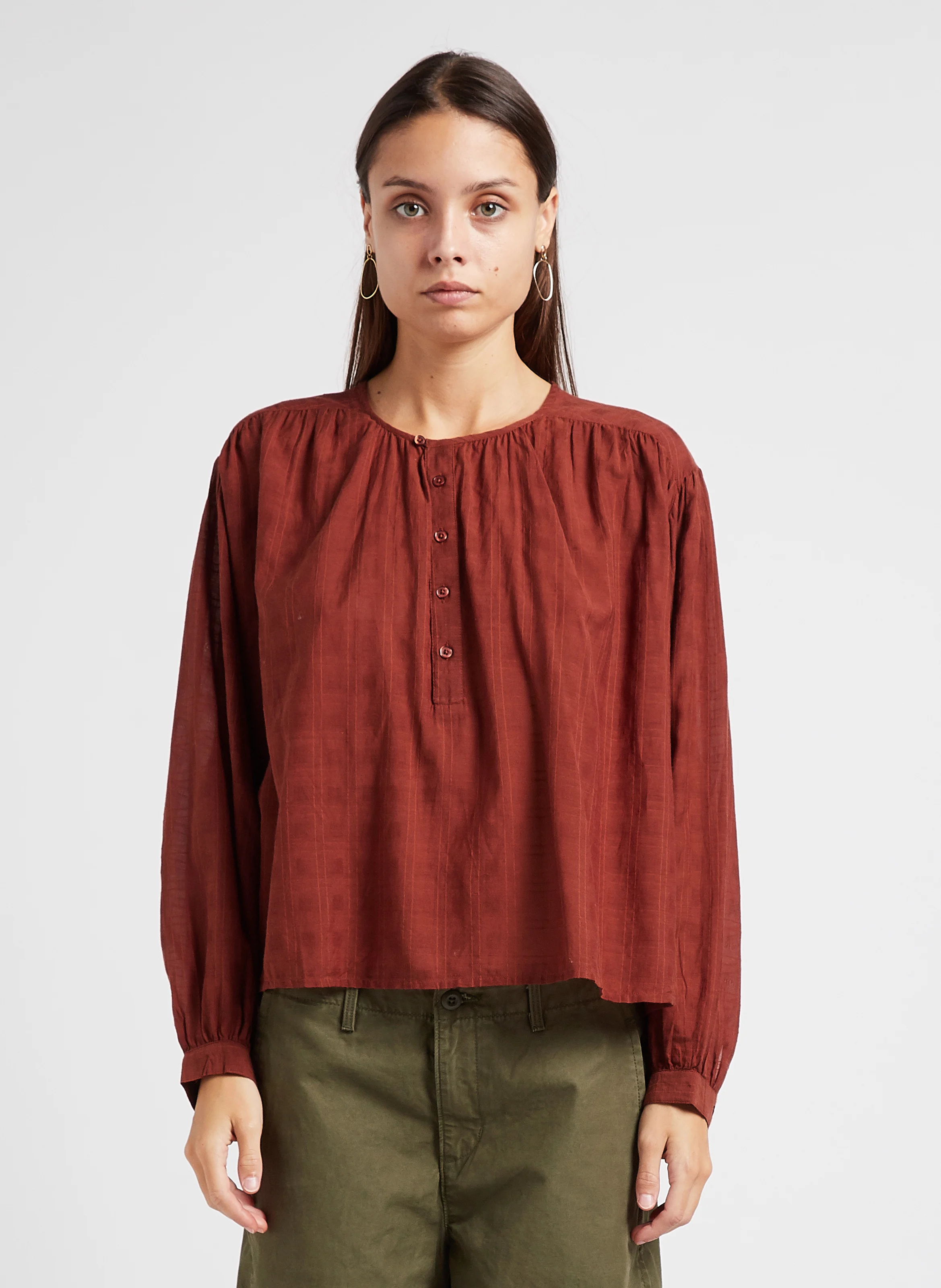 ELINA - Blouse évasée col rond en coton mélangé | Marron