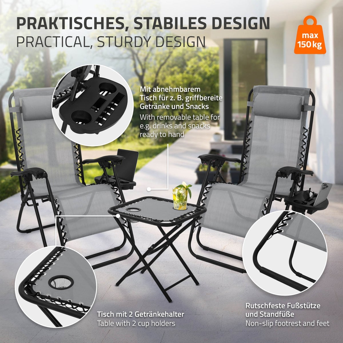 ML-Design 3-delige opvouwbare ligstoelset, tuinligstoelset met tafel, grijs, ligstoel met verstelbare hoofdsteun en rugleuning, weerbestendig/buiten, relaxstoel voor in de tuin met bekerhouder