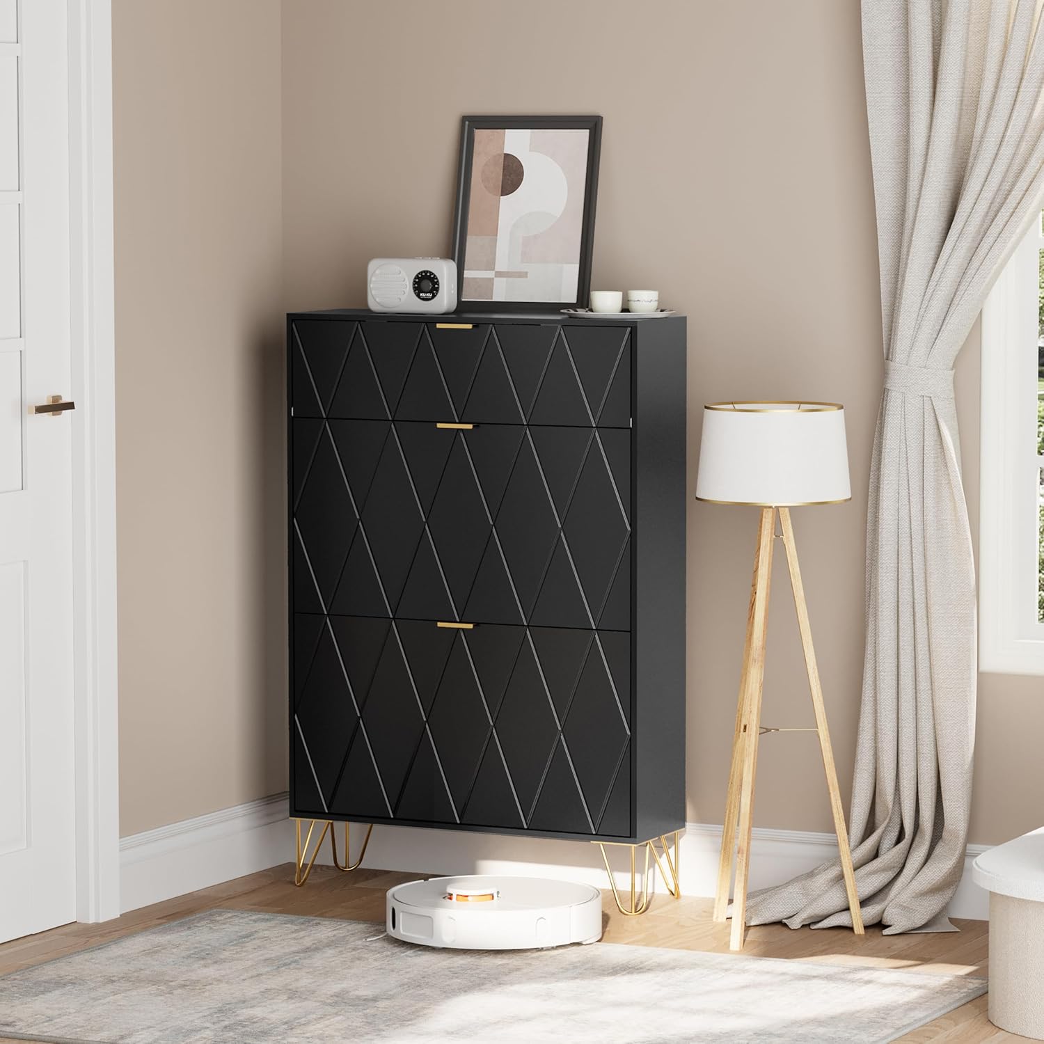 UEV Schuhschrank mit 2 Klappen, 80 x 24 x 120 cm für 16 Paar Schuhe mit 1 Schubladen, Schuhschrank Schwarz, Schuhkipper Schmal, Schrank Flur Schuhkommode im Flur, Platzsparend