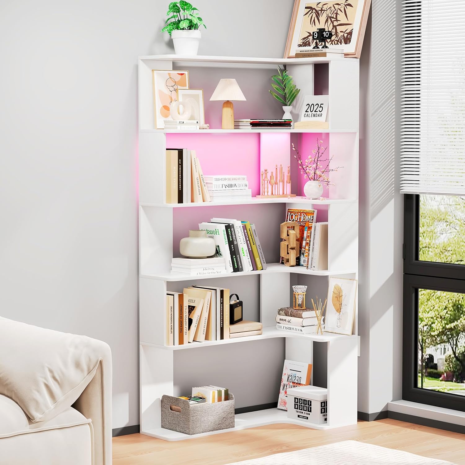 5-stöckiges Bücherregal mit LED-Beleuchtung, L-förmige Bücherregale und Vitrinen,Eckregale aus Holz, 90x48x170cm (Weiß)