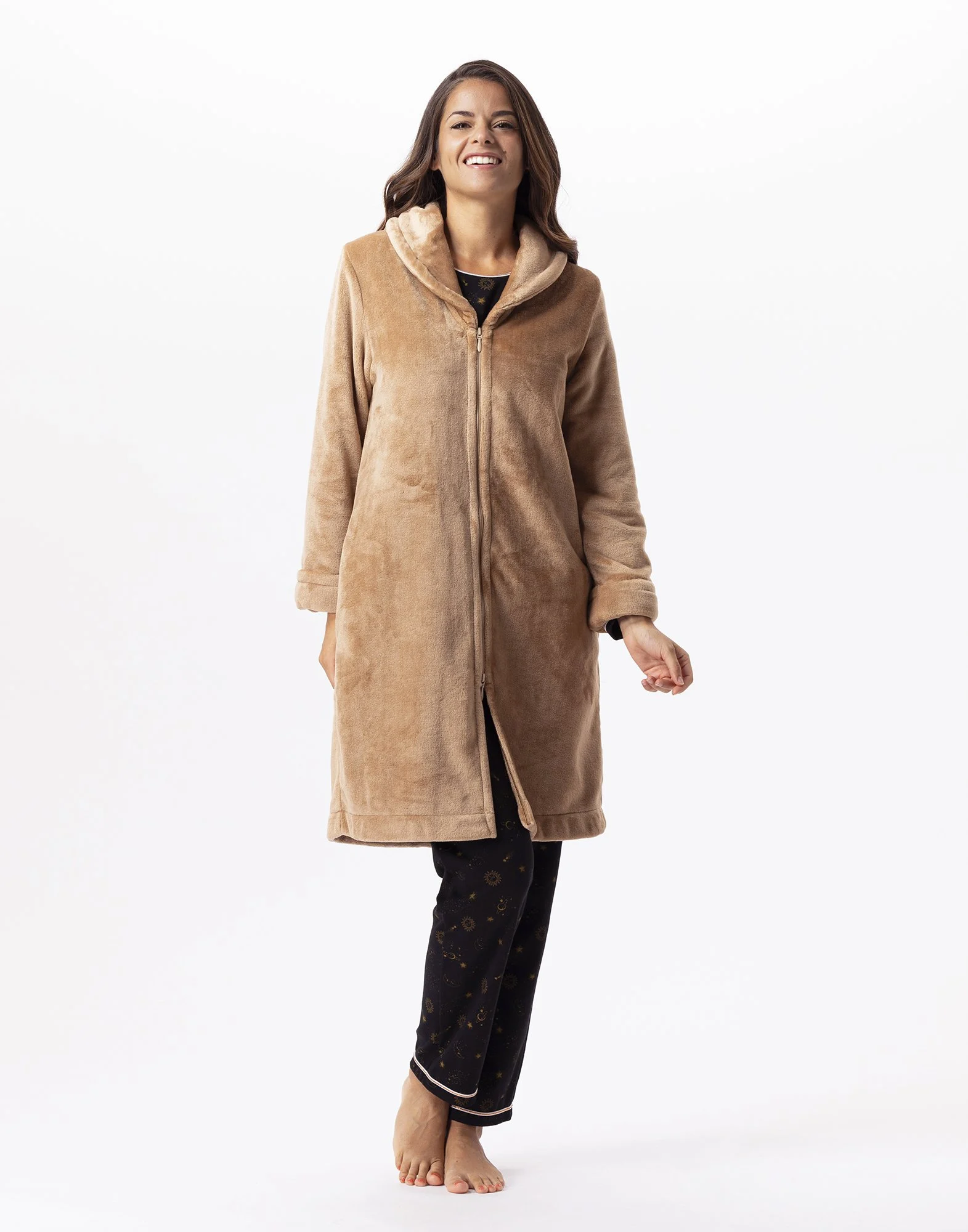 ESSENTIEL H56B - Robe de chambre zipée en peluche flanelle | Marron