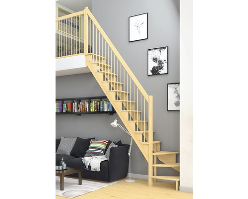 Pertura ruimtebesparende trap Filia, grenen gelamineerd hout, zonder stootborden, onbehandeld, kwartslag, linksonder, 75 cm, 12 treden / 13 stootborden, balustrade