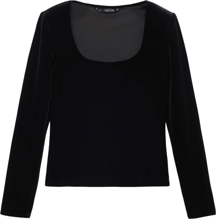 MANGO Low-cut velvet t-shirt Black