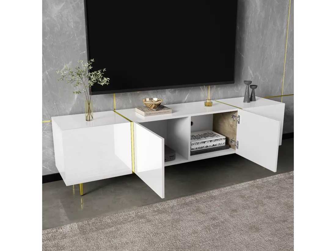 Meuble TV moderne avec 4 portes - 170 x 35 x 46 cm - Bois MDF - Blanc brillant et or