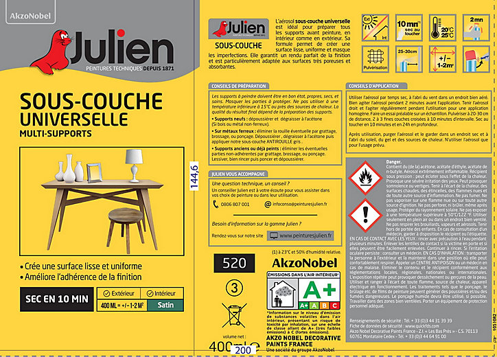 Peinture aérosol sous couche universelle multi supports Julien satin blanc 400ml