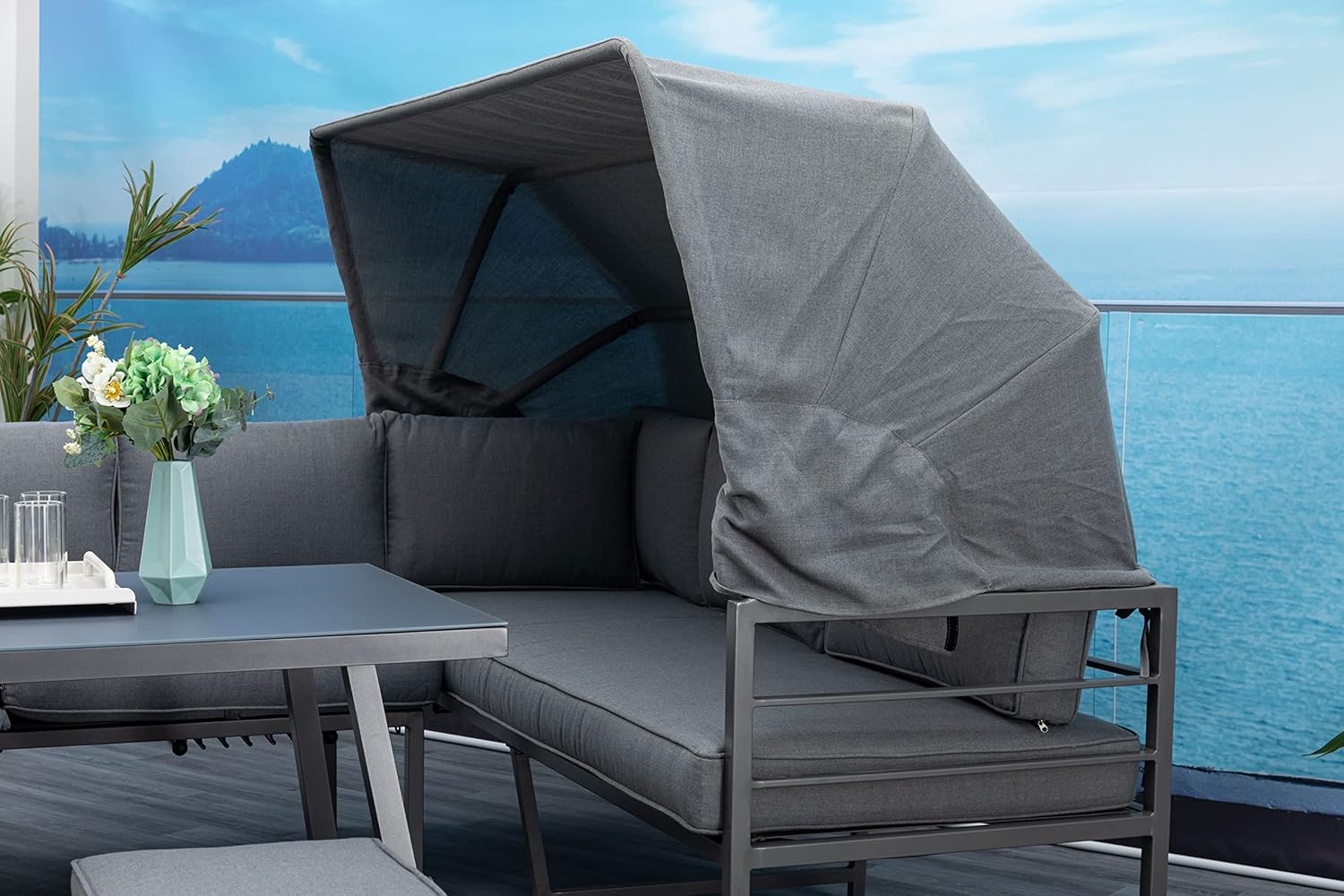 Mandalika Garden Hohe Dining Aluminium Lounge Newport, 3 in 1 mit Sonnendach und verstellbaren Kopfteilen/Garten Sitzgruppe