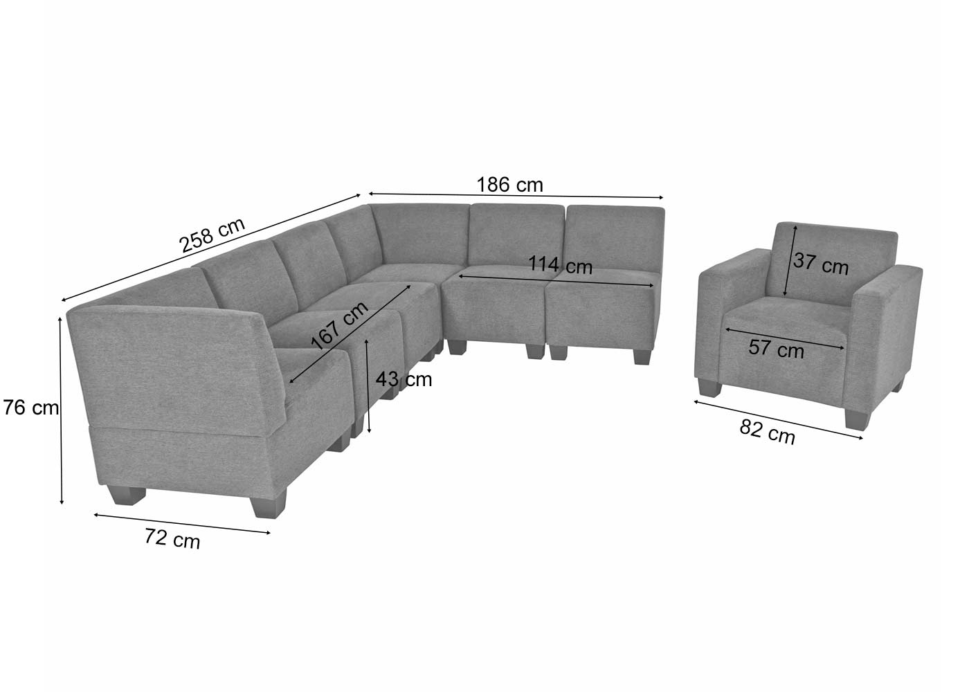 Modular Sofa-System Couch-Garnitur Moncalieri 6-1, Stoff/Textil ~ grau