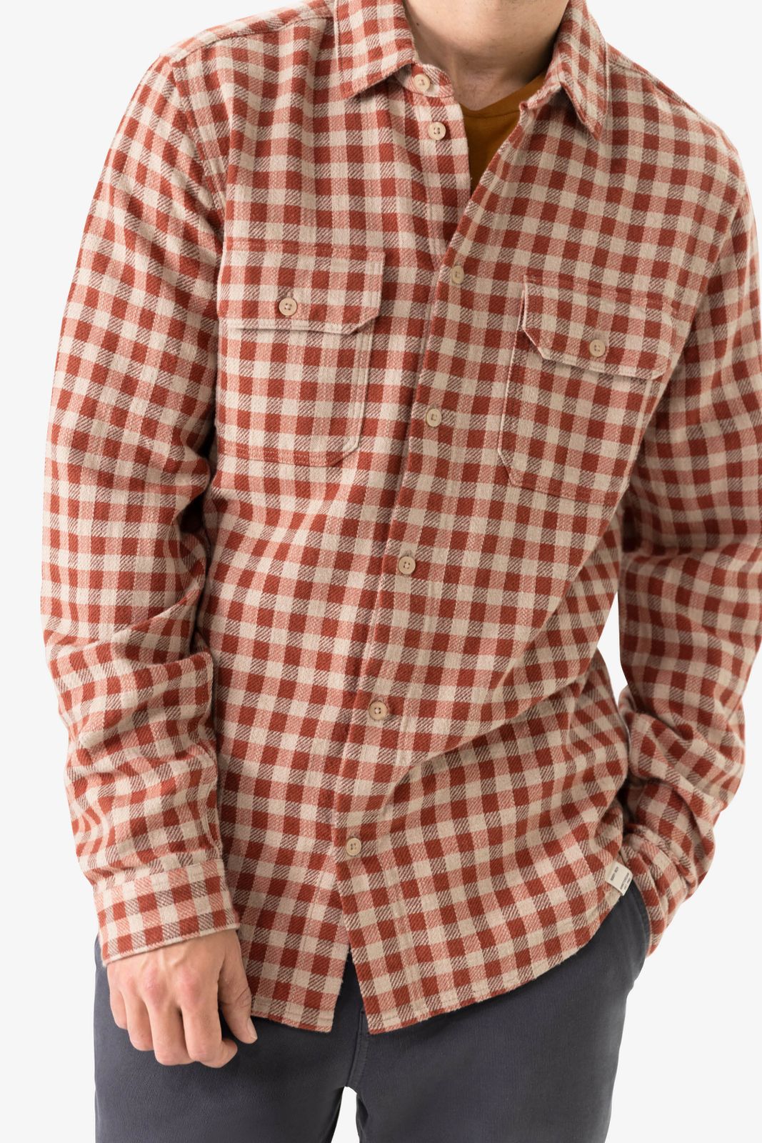 Bruin met rood geruit overhemd