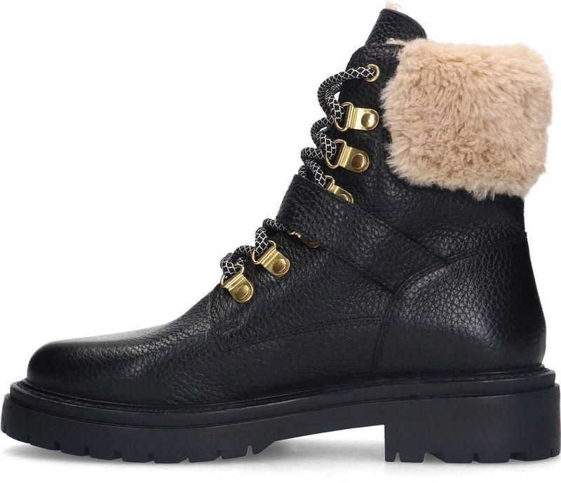 Sacha - Dames - Zwarte leren veterlaarsjes met imitatie wol