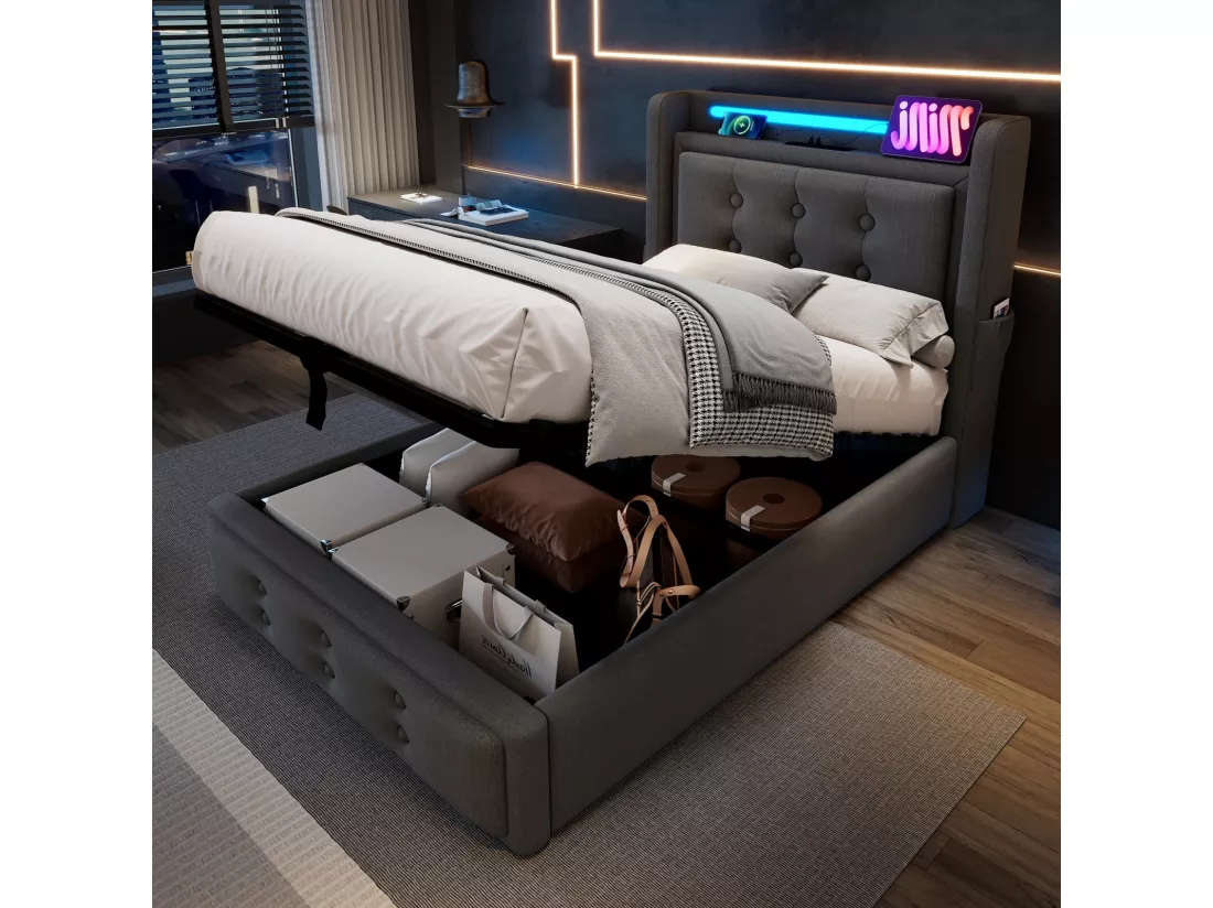Lit coffre Gris 90x200cm - Coton - avec LED et EU Prise/USB/type C - tête de lit capitonnée - Max 150kg